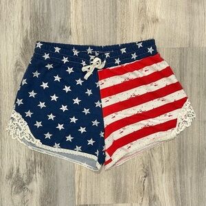 Cloud Chaser American Flag Lounge Shorts USA Red White Blue Lace Accent Size L